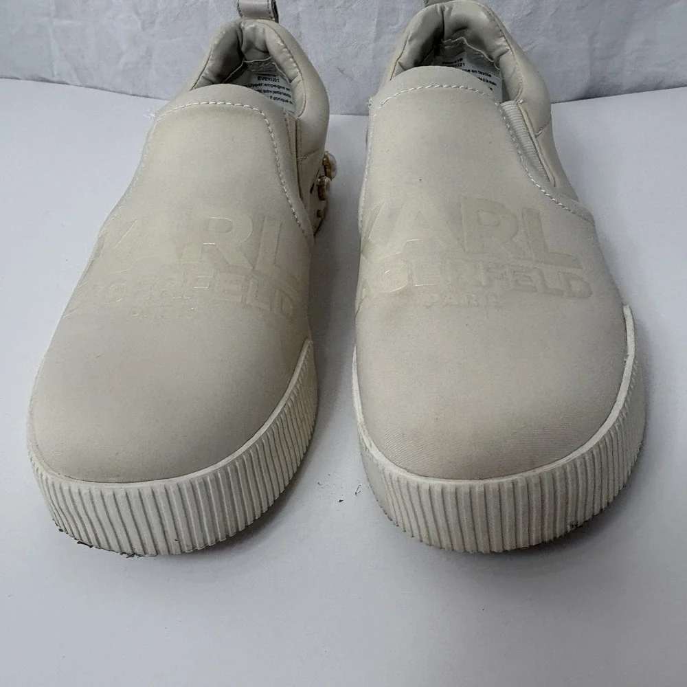 Karl Lagerfeld Paris Evy Pearl Embellished Platform Sneaker Ecru 10M Luxe Chic‎